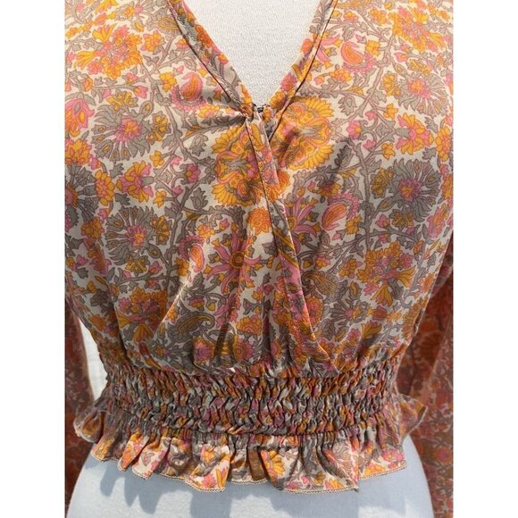Anthropologie Raga Smocked Blouse Long Sleeves V-neck Floral Casual small Boho - Picture 3 of 9
